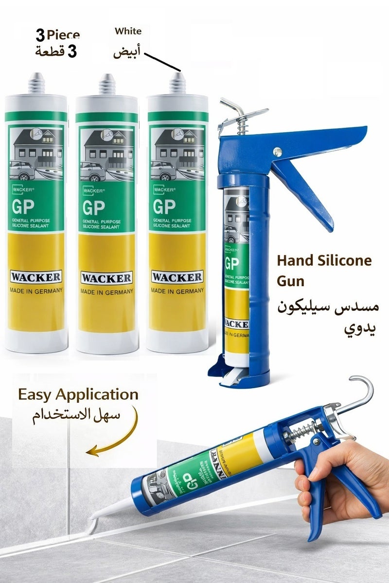 WACKER Hand Caulking Gun Heavy Duty Silicone Glue Gun 9 Inch With 3 Piece Wacker Germany Silicone Sealant General Purpose GP White 280ml - Image 1